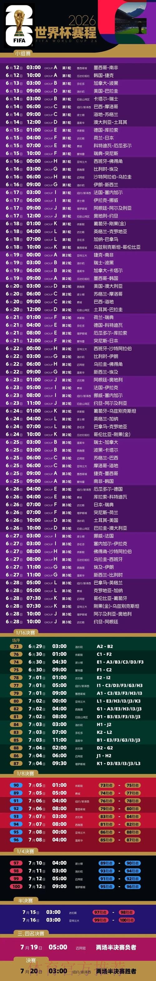 2026世界杯比赛时间今日比赛时间表实时查看